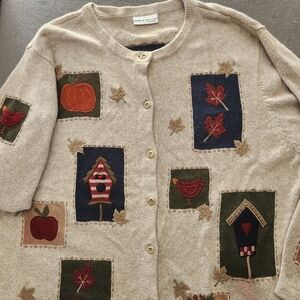 Croft & Barrow Cardigan Sweater 2X Bird Houses Leaves Pumpkin 3D Knit *READ*